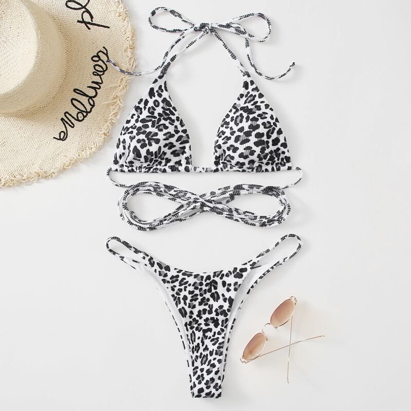 

Leopard Triangle Bikini Swimsuit, Black and white