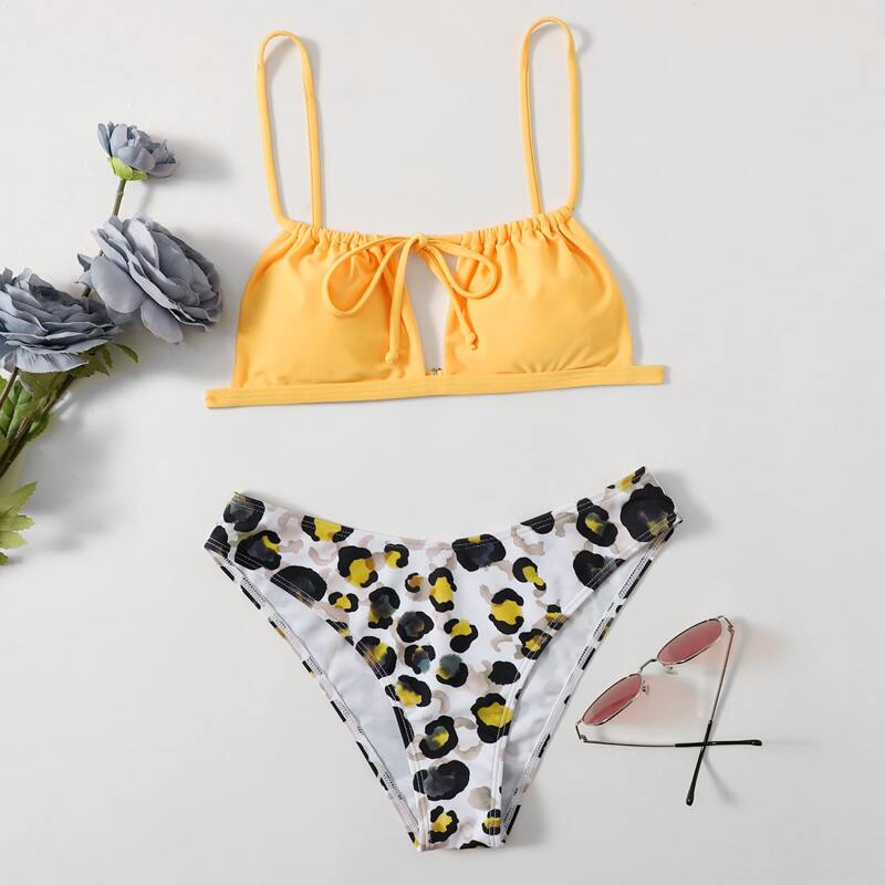

Leopard Tie Neck Bikini Swimsuit, Multicolor