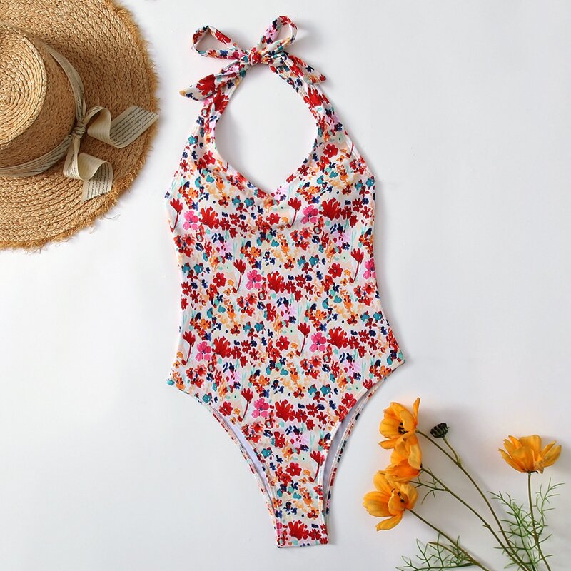 

Ditsy Floral Halter One Piece Swimsuit, Multicolor