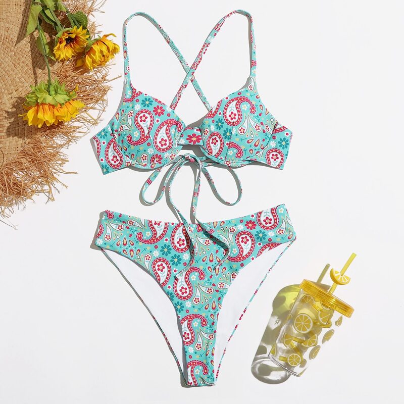 

Paisley Print High Cut Bikini Swimsuit, Multicolor
