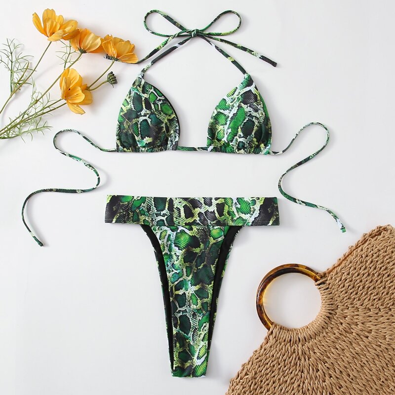 

Snakeskin High Cut Bikini Swimsuit, Green