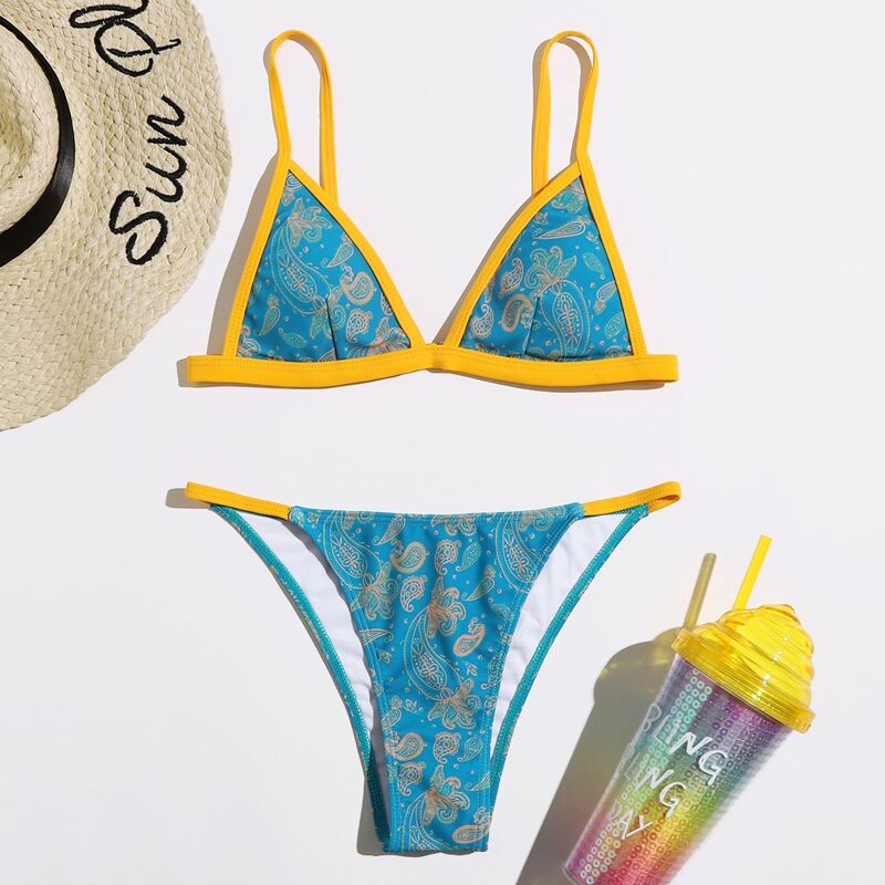 

Contrast Binding Paisley Print Bikini Swimsuit, Multicolor