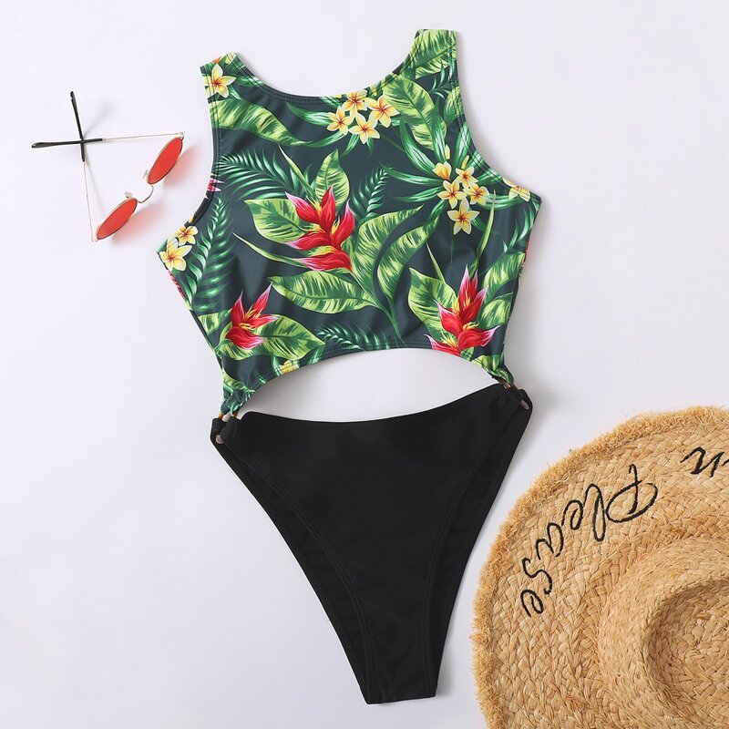 

Tropical Floral Cut-out One Piece Swimsuit, Multicolor