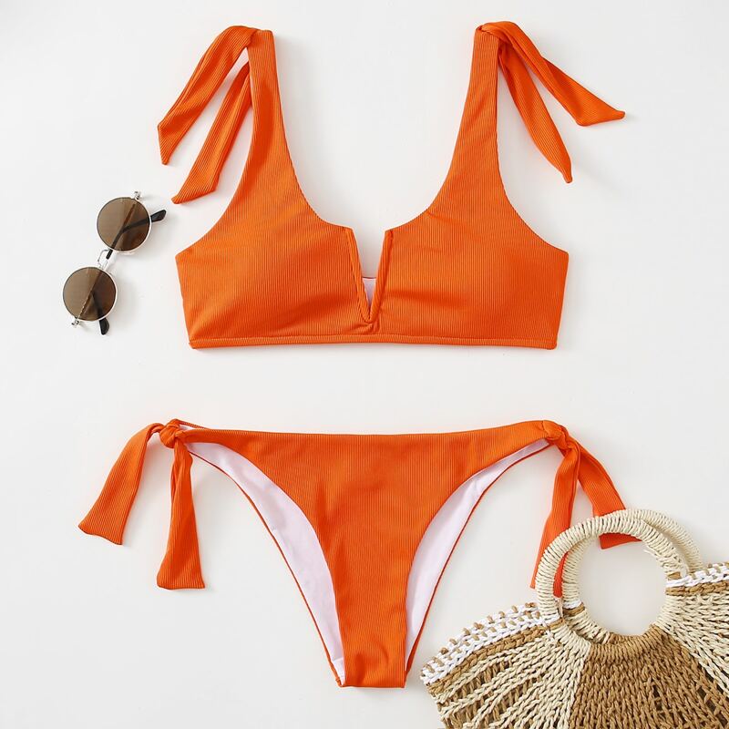 

V Wired Tie Side Bikini Swimsuit, Orange
