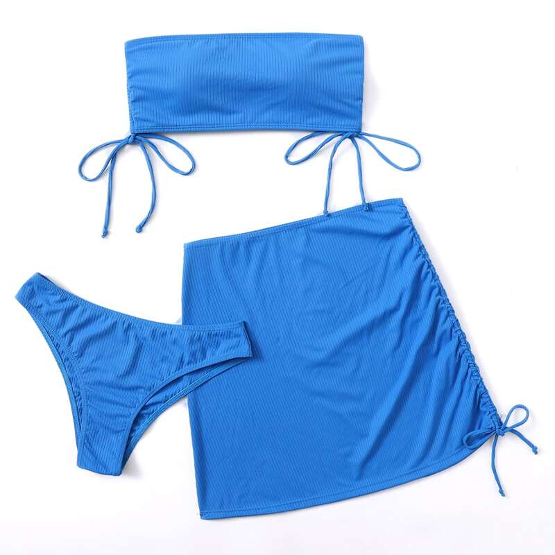 

3pack Solid Bandeau Bikini Swimsuit With Beach Skirt, Blue