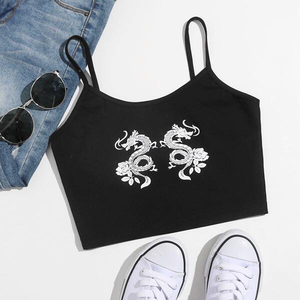 

Chinese Dragon Print Cami Top, Black