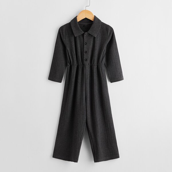 

Toddler Girls Ribbed Half Button Jumpsuit, Black