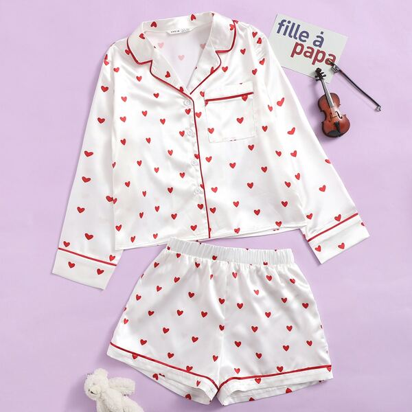 

Girls Revere Collar Binding Trim Heart Satin Blouse and Shorts PJ Set, White