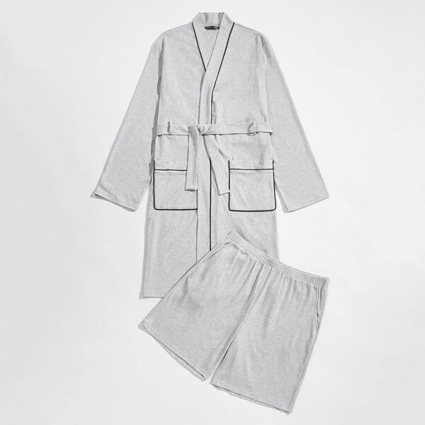 

Men Contrast Tipping Pocket Patched Self Belted Robe With Sleep Shorts, Light grey