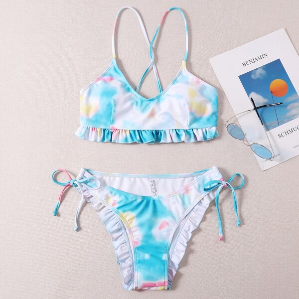 

Tie Dye Frill Tie Side Bikini Swimsuit, Multicolor