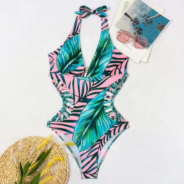 

Tropical Cut-out Halter One Piece Swimsuit, Multicolor