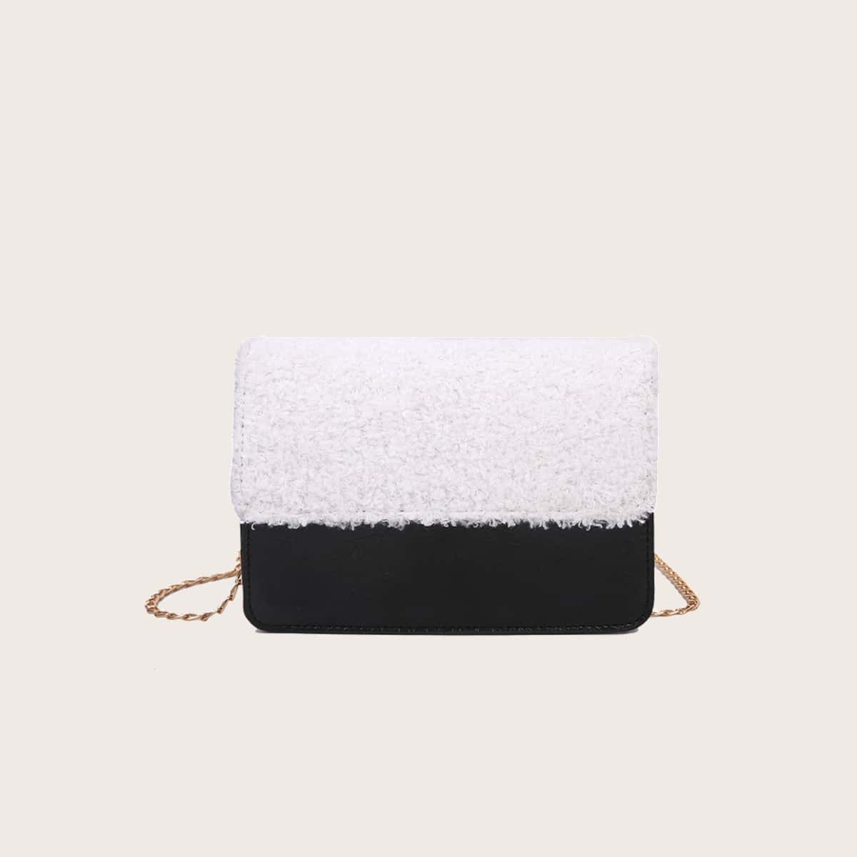 

Contrast Teddy Flap Bag, Black and white