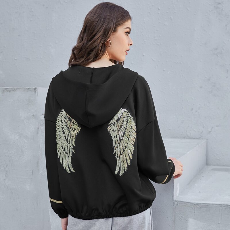 

Drop Shoulder Wing Sequin Patched Back Zipper Up Hooded Jacket, Black