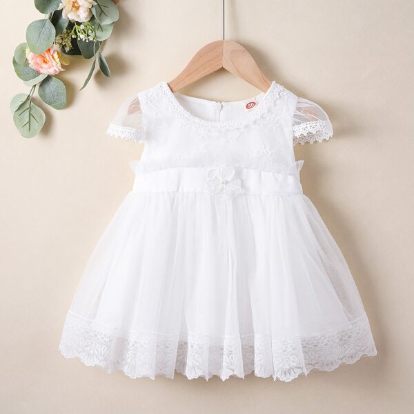 

Toddler Girls Contrast Lace Floral Appliques Tutu Dress, White