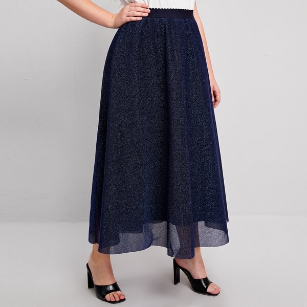 

Plus Scallop Trim Elastic Waist Glitter Skirt, Blue
