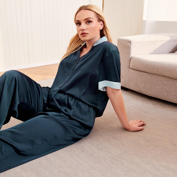 

Plus Satin Lapel Neck PJ Set, Navy blue