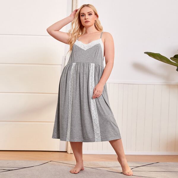 

Plus Contrast Lace Cami Nightdress, Grey