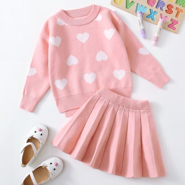 

Toddler Girls Heart Pattern Sweater & Pleated Knit Skirt, Baby pink