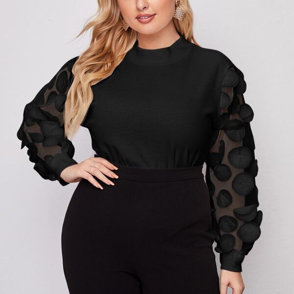 

Plus Contrast Mesh Sleeve Top, Black