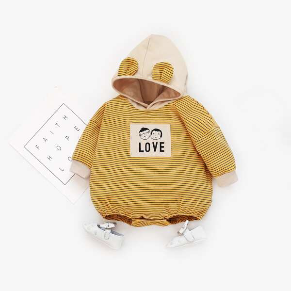 

Baby Unisex Letter Patched Striped Hooded Bodysuit, Mustard yellow