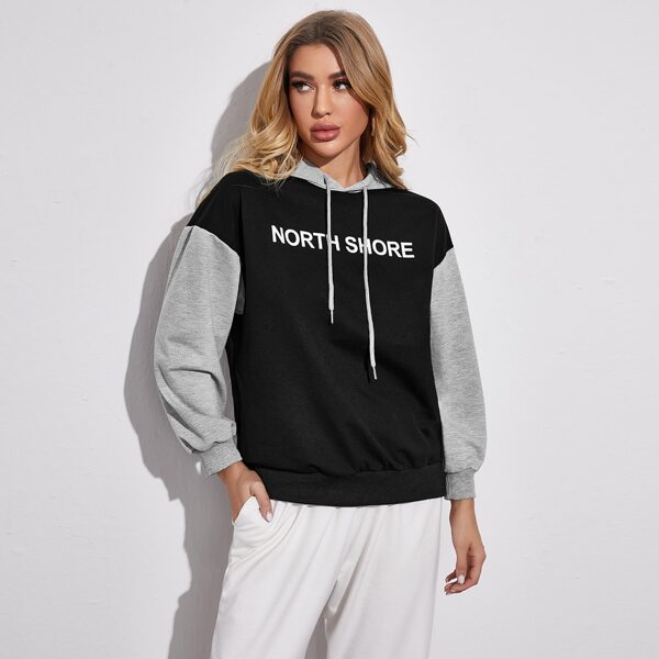 

Letter Graphic Drop Shoulder Drawstring Hoodie, Black