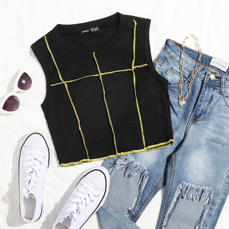 

Stitch Trim Crop Tank Top, Black