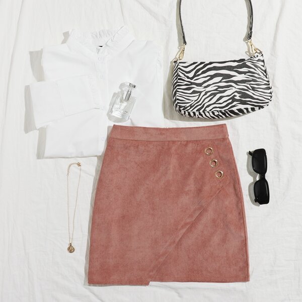 

Garment Eyelets Wrap Cord Asymmetrical Hem Skirt, Coral pink