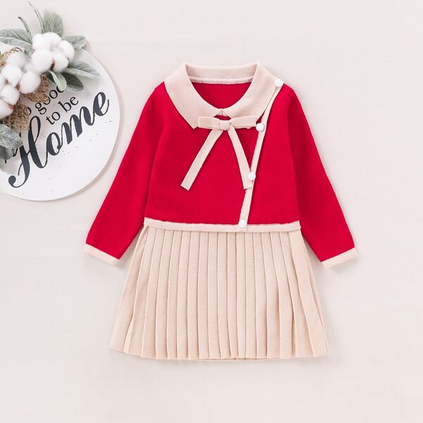 

Toddler Girls Bow Front Two Tone Pleated Hem Sweater Dress, Multicolor