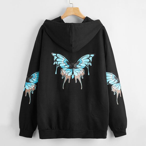 

Plus Butterfly Print Kangaroo Pocket Hoodie, Black