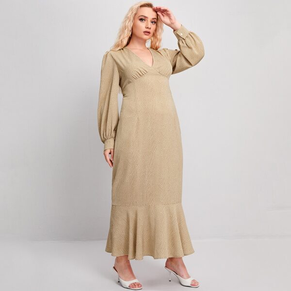 

Plus Polka Dot Criss Cross Backless Ruffle Hem Dress, Apricot