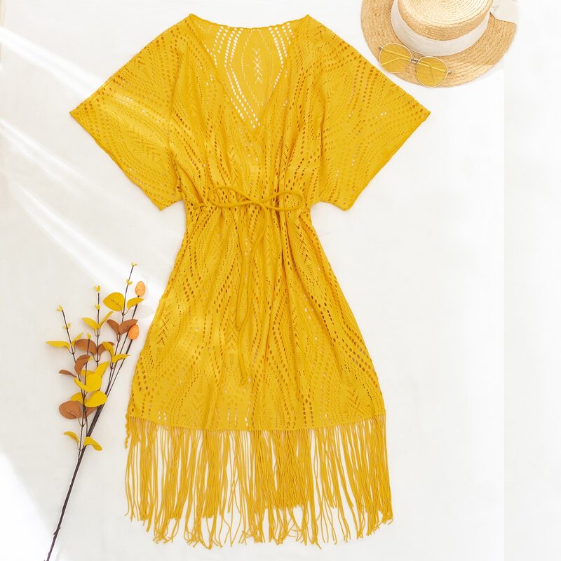 

Hollow-out Fringe Hem Drawstring Cover Up, Yellow