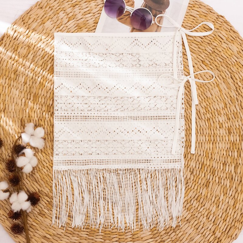 

Fringe Trim Tie Side Lace Cover Up Skirt, White
