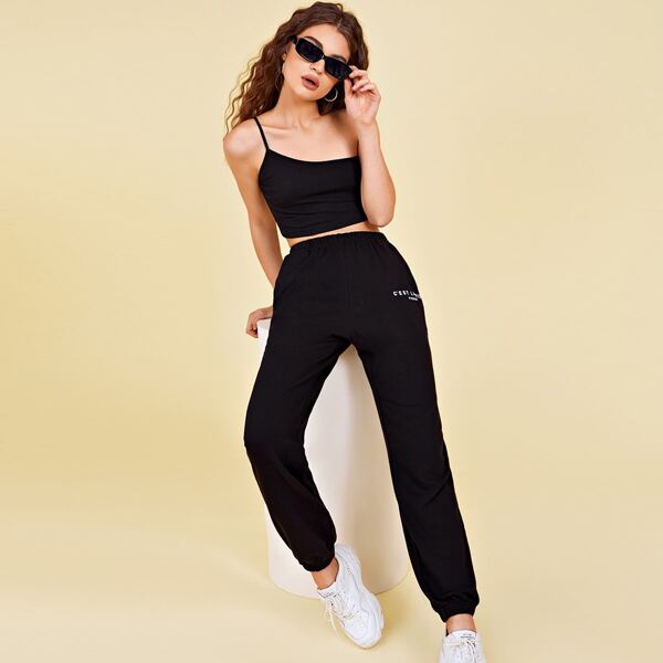 

One Shoulder Rib-knit Crop Top and Joggers Set, Black