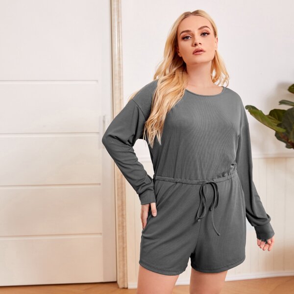 

Plus Drawstring Waist Slant Pocket Sleep Romper, Dark grey
