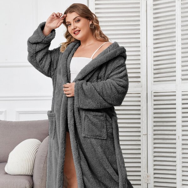 

Plus Solid 3D Ears Patched Belted Flannel Robe, Dark grey