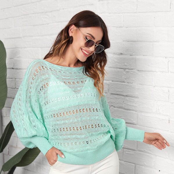 

Batwing Sleeve Open Knit Sweater Without Bra, Mint green