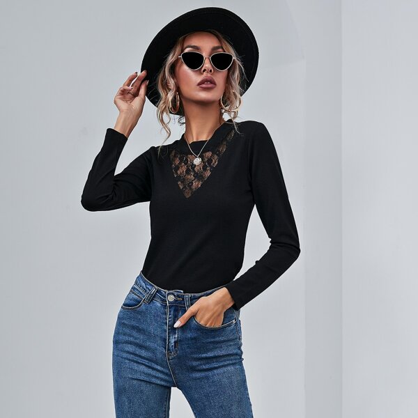 

Lace Insert Solid Top, Black