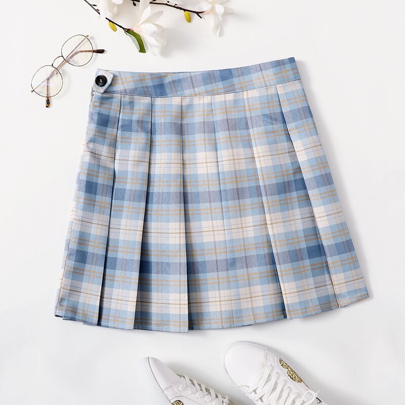 

High Waist Tartan Pleated Skirt, Blue