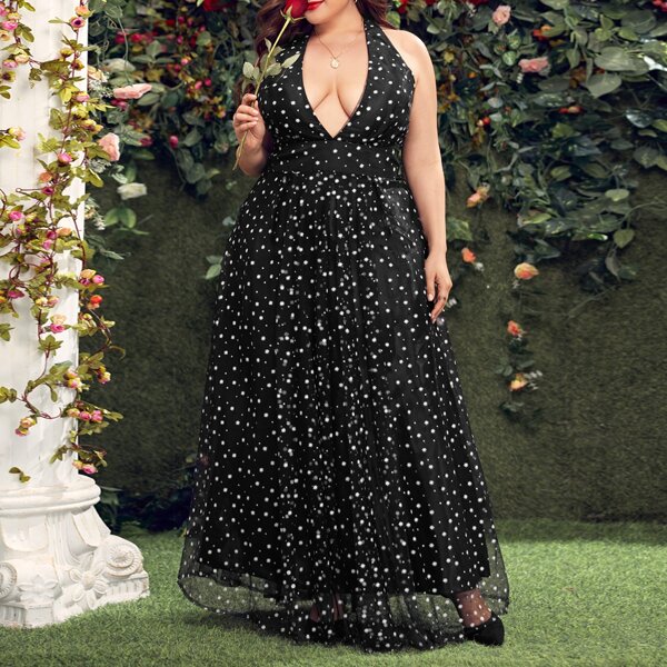

Plus Ditsy Floral Plunging Contrast Mesh Prom Dress, Black
