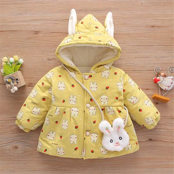

Toddler Girls 3D Ears Design Sherpa Lined Cartoon Graphic Coat & Bag, Yellow