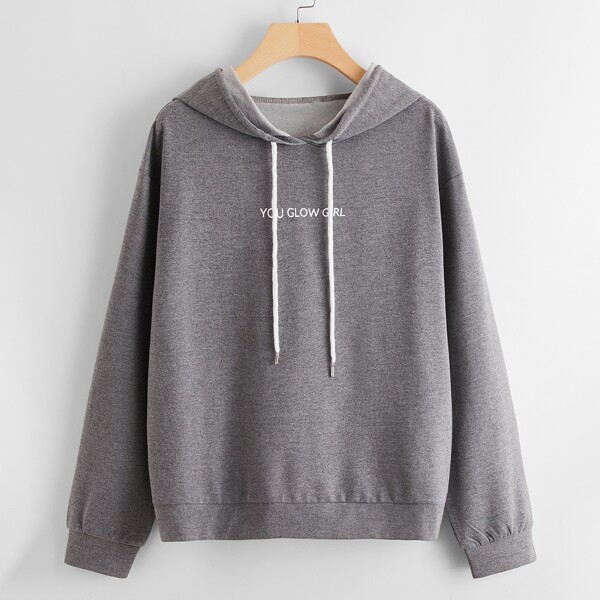 

Slogan Graphic Drawstring Hoodie, Grey