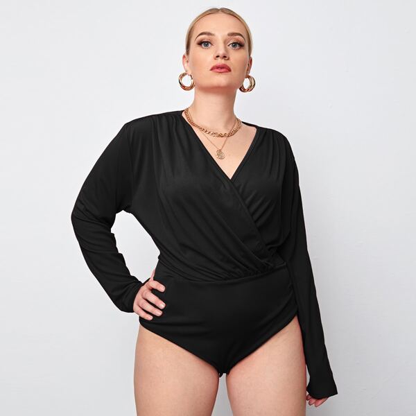 

Plus Solid Surplice Neck Bodysuit, Black