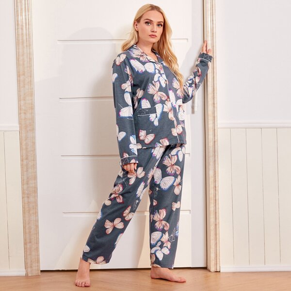 

Plus Allover Butterfly Print Pajama Set, Multicolor