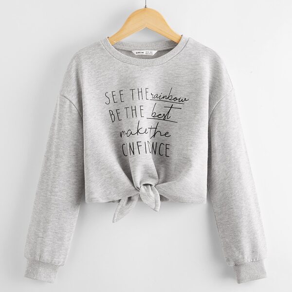 

Girls Slogan Graphic Knot Hem Pullover, Light grey