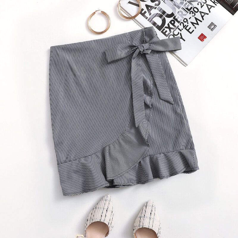 

Knot Side Ruffle Hem Striped Skirt, Grey