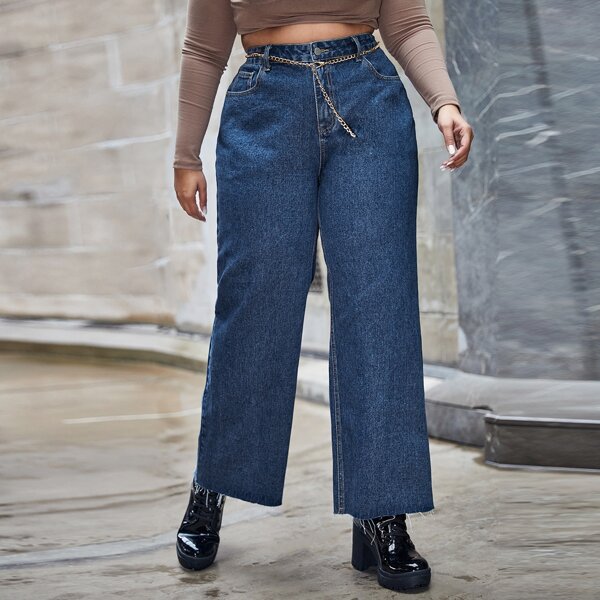 

Plus Raw Hem Wide Leg Jeans With Chain Belt, Medium wash