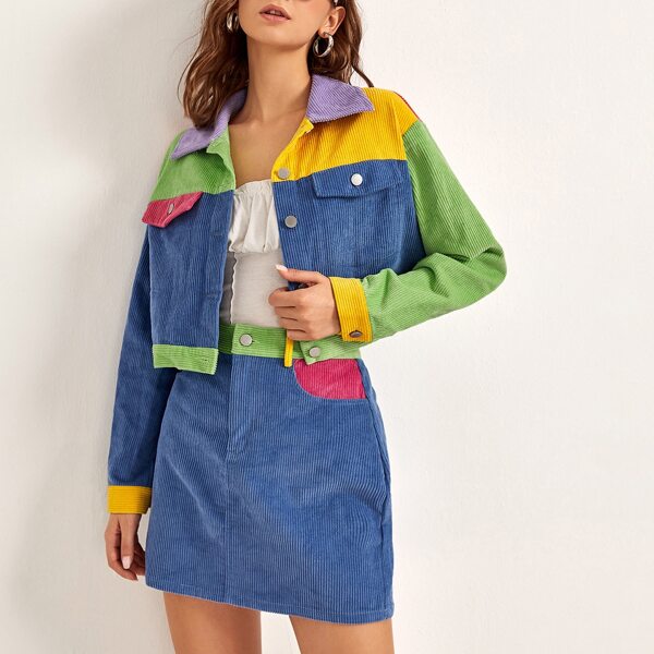 

Color Block Corduroy Jacket & Skirt Set, Multicolor