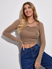 SHEIN Privé 雞心領褶邊抽褶上衣 - 卡其色 - 查看 4