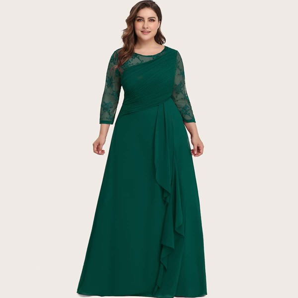 

Plus Sheer Embroidery Mesh Yoke Ruffle Trim Prom Dress, Dark green