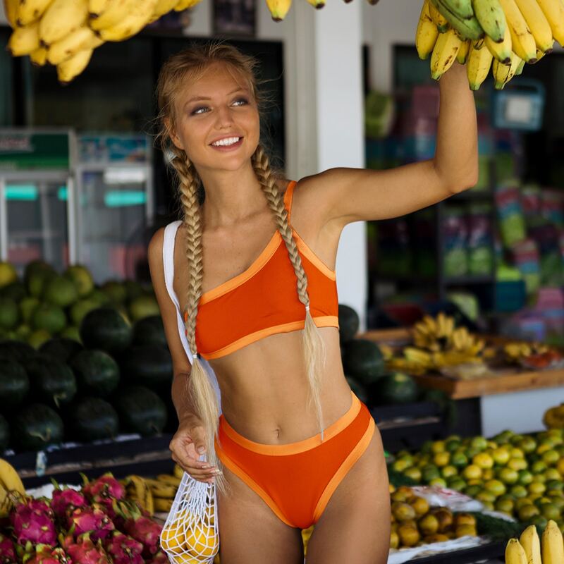 

One Shoulder Contrast Trim Bikini Swimsuit, Orange